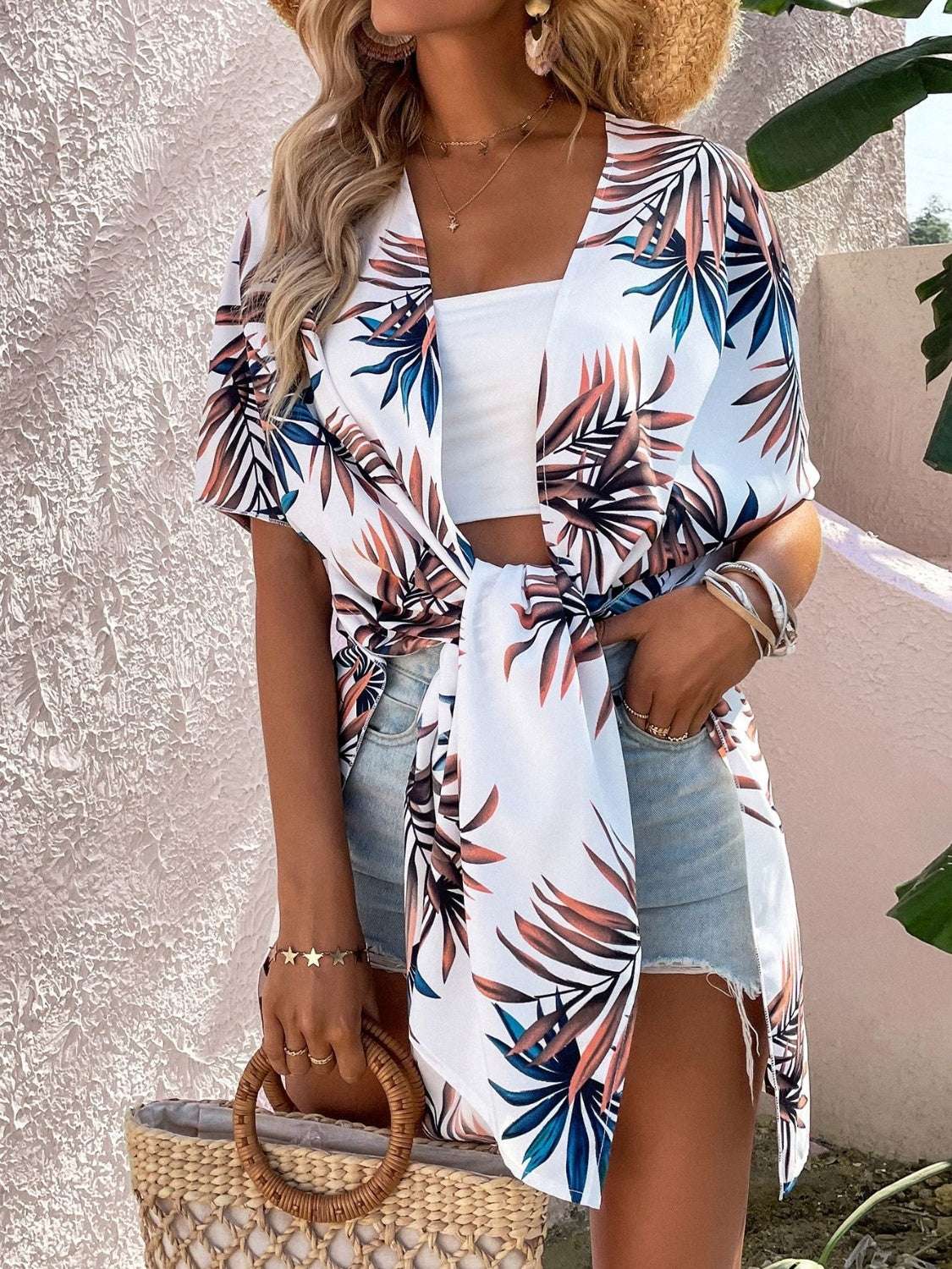 Printed Open Front Half Sleeve Cover Up - Primrose Signature Boutique