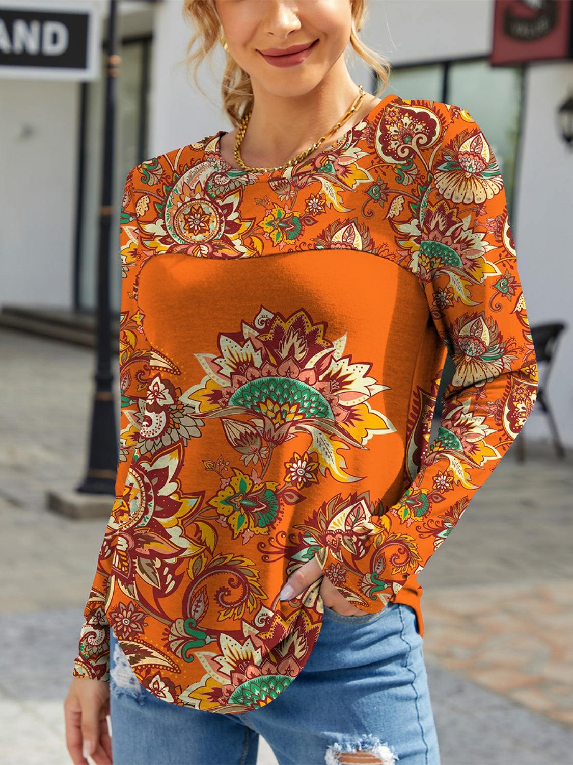 Printed Round Neck Long Sleeve T-Shirt - Primrose Signature Boutique