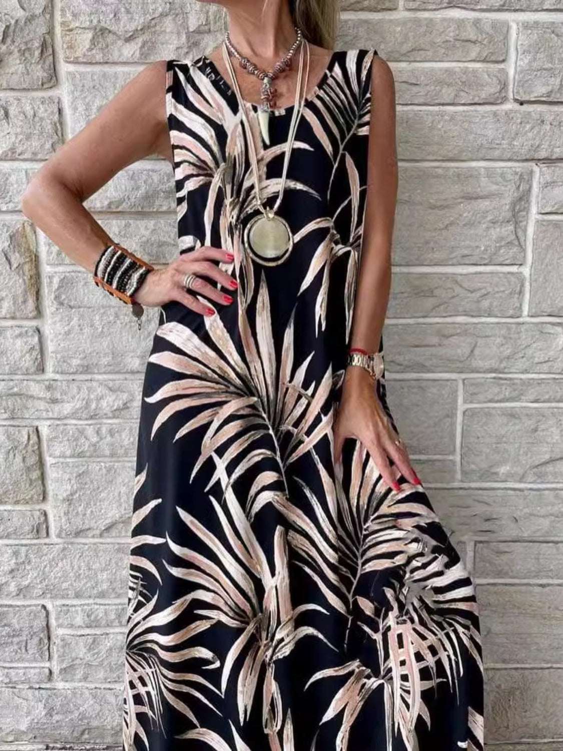 Printed Round Neck Mini Tank Dress - Primrose Signature Boutique