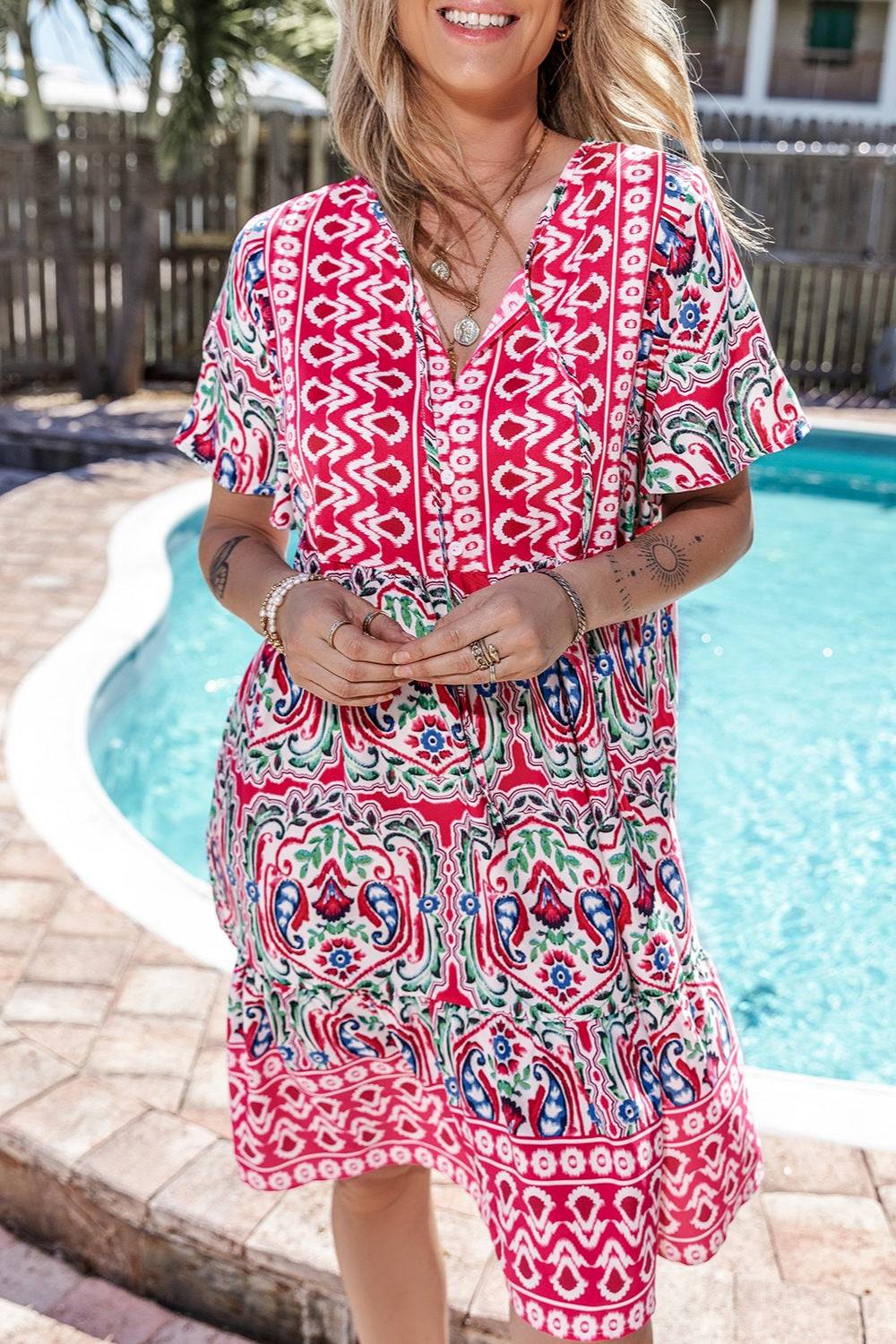 Printed Tie Neck Short Sleeve Dress - Primrose Signature Boutique