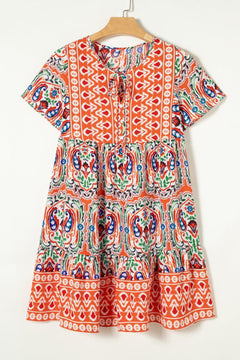 Printed Tie Neck Short Sleeve Dress - Primrose Signature Boutique