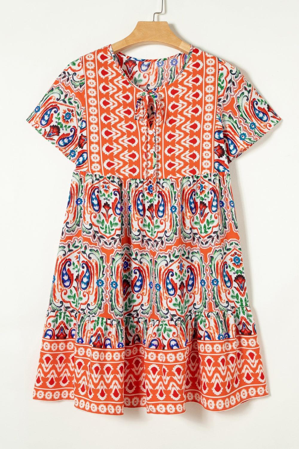 Printed Tie Neck Short Sleeve Dress - Primrose Signature Boutique