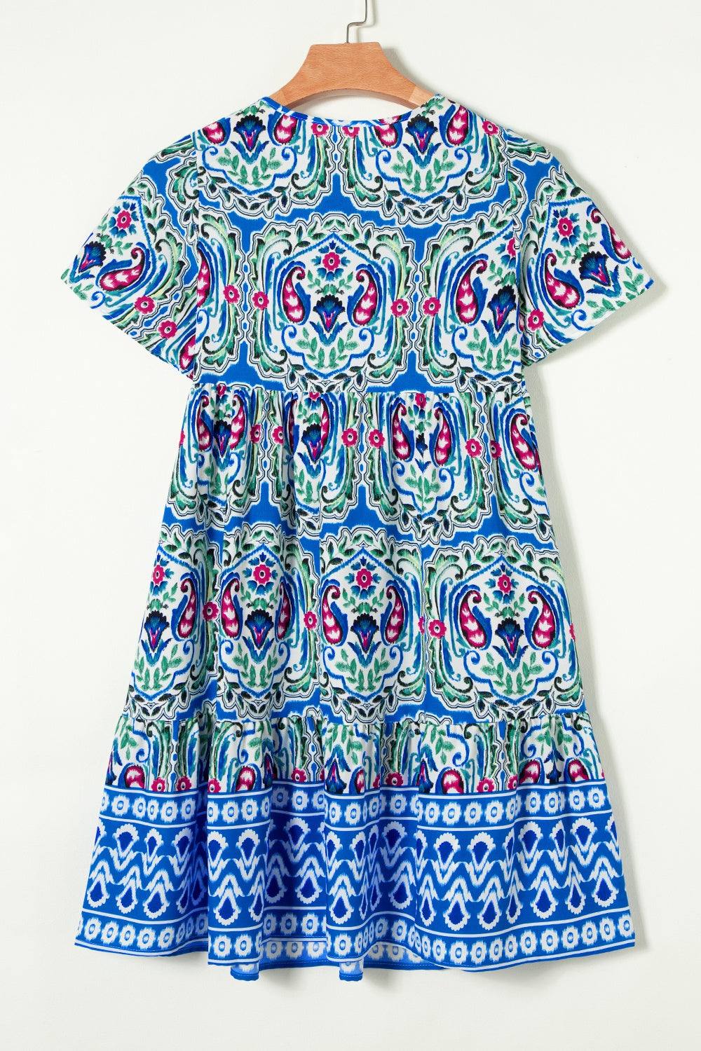 Printed Tie Neck Short Sleeve Dress - Primrose Signature Boutique