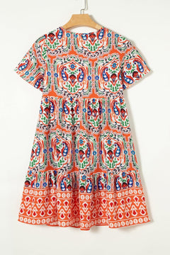 Printed Tie Neck Short Sleeve Dress - Primrose Signature Boutique