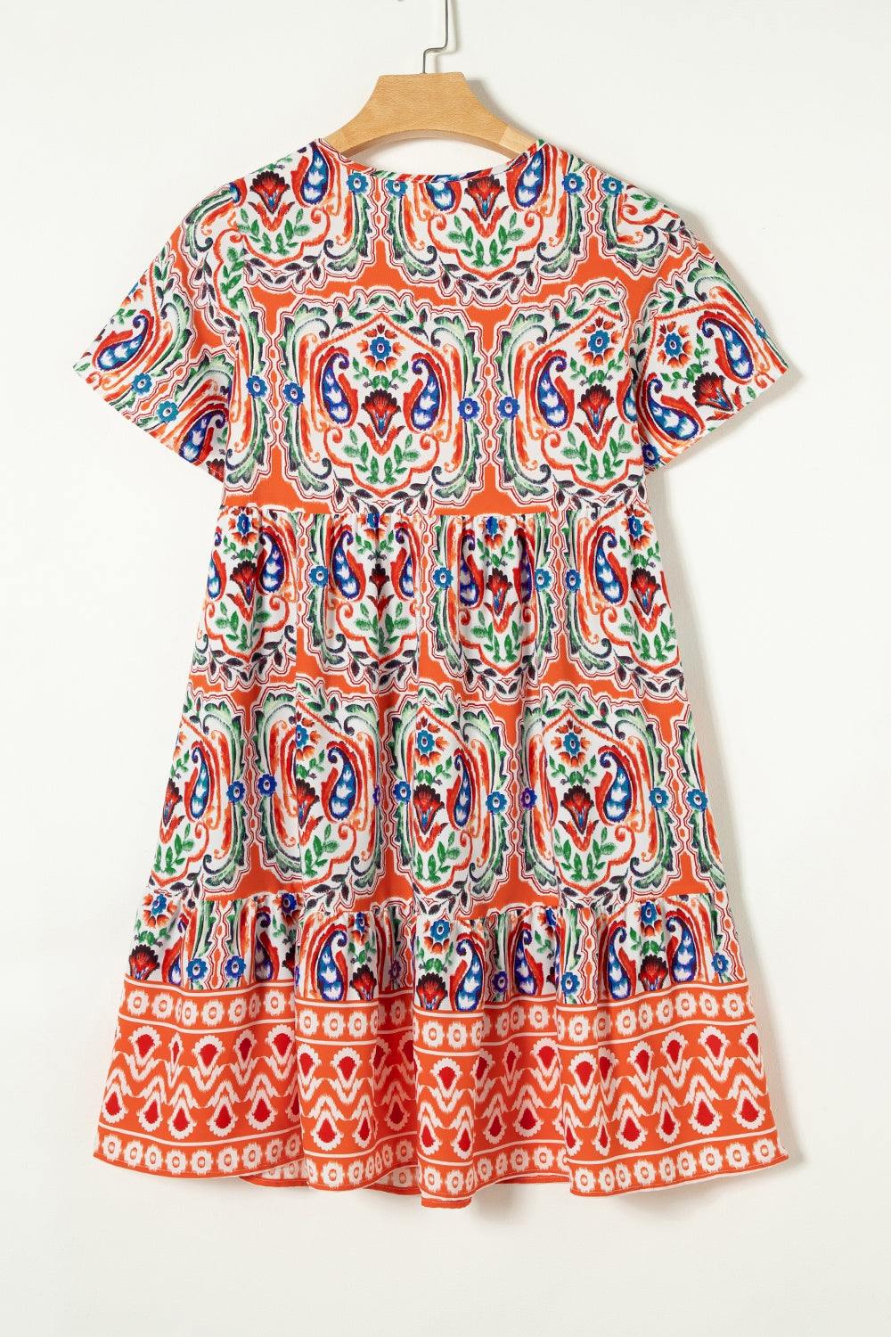 Printed Tie Neck Short Sleeve Dress - Primrose Signature Boutique