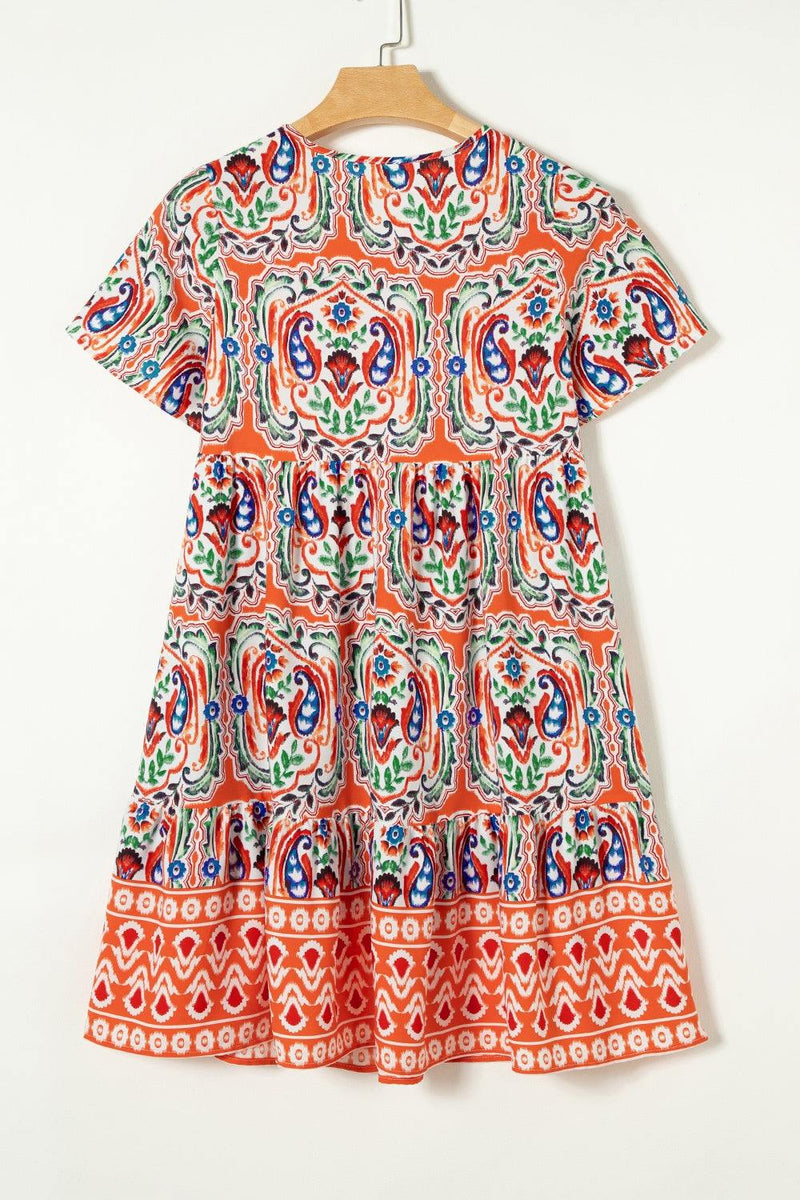 Bedrucktes, kurzärmliges Kleid mit Bindeband am Kragen-zoom-