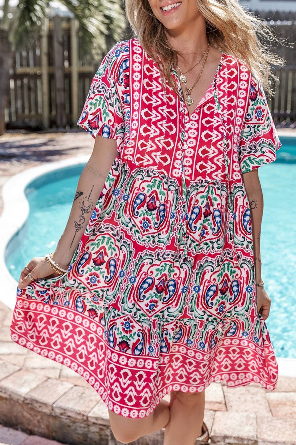 Printed Tie Neck Short Sleeve Dress - Primrose Signature Boutique