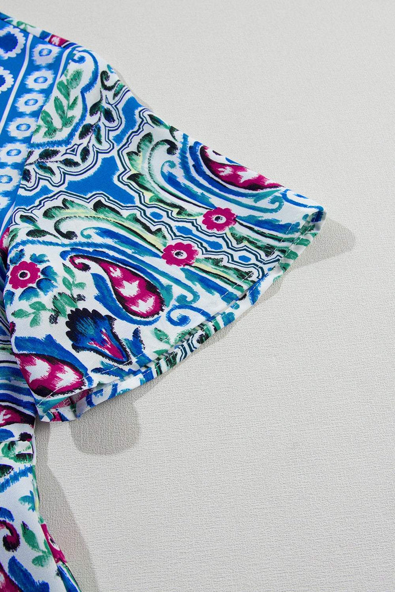 Bedrucktes, kurzärmliges Kleid mit Bindeband am Kragen-zoom-