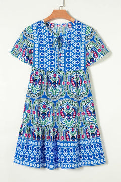 Printed Tie Neck Short Sleeve Dress - Primrose Signature Boutique