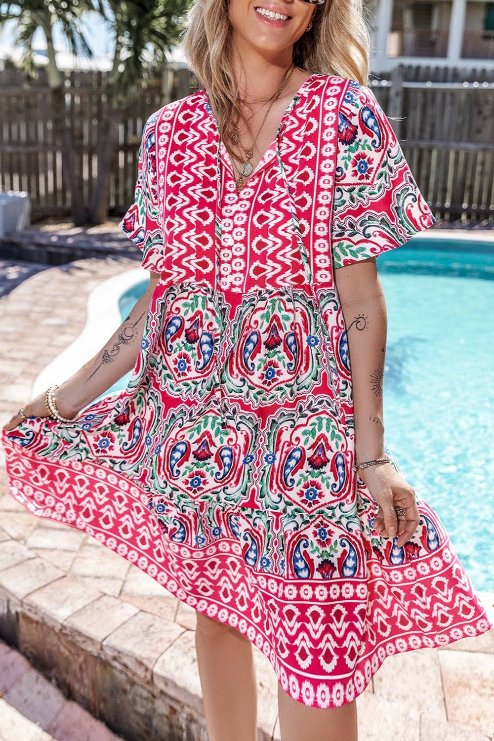 Printed Tie Neck Short Sleeve Dress - Primrose Signature Boutique