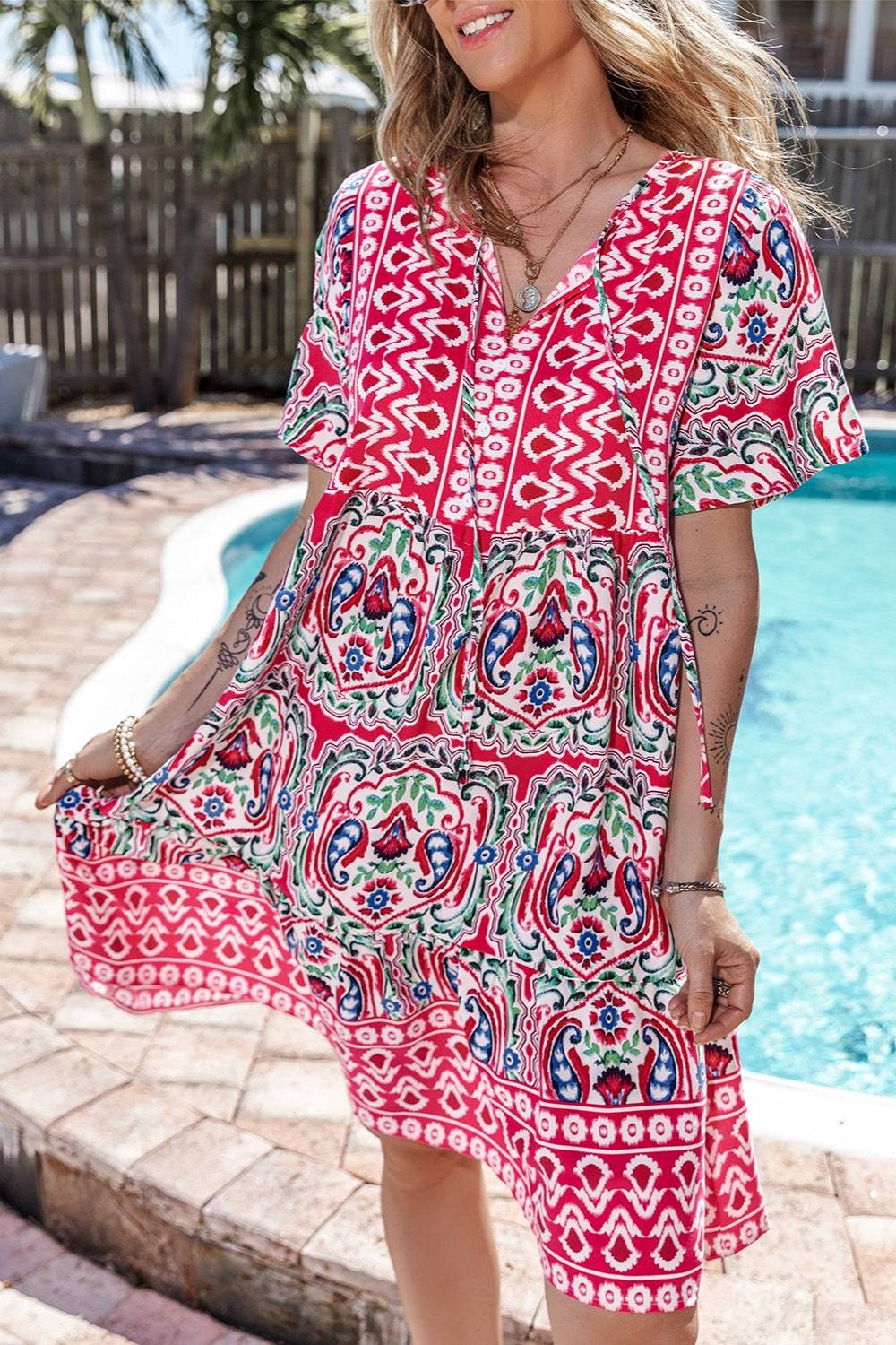 Printed Tie Neck Short Sleeve Dress - Primrose Signature Boutique