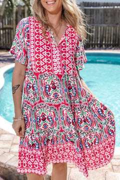 Printed Tie Neck Short Sleeve Dress - Primrose Signature Boutique