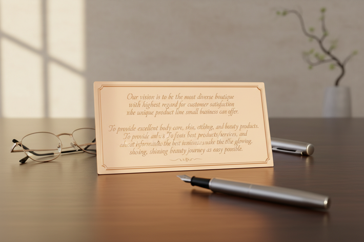 Put this on a light orange plaque = with glasses and pen background....Our vision is to be the most diverse boutique with the highest regard for customer satisfaction and the unique product line small business can offer. To provide excellent body care, skin care, clothing, and beauty products. To provide the best products/services, and educate them with the best information to make the glowing, shining, and elegant beauty journey as easy as possible. 