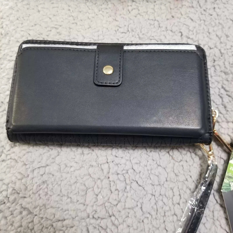 Quilted Long Wallet with Phone Pocket Navy Blue or Black Large Zip Around-zoom-