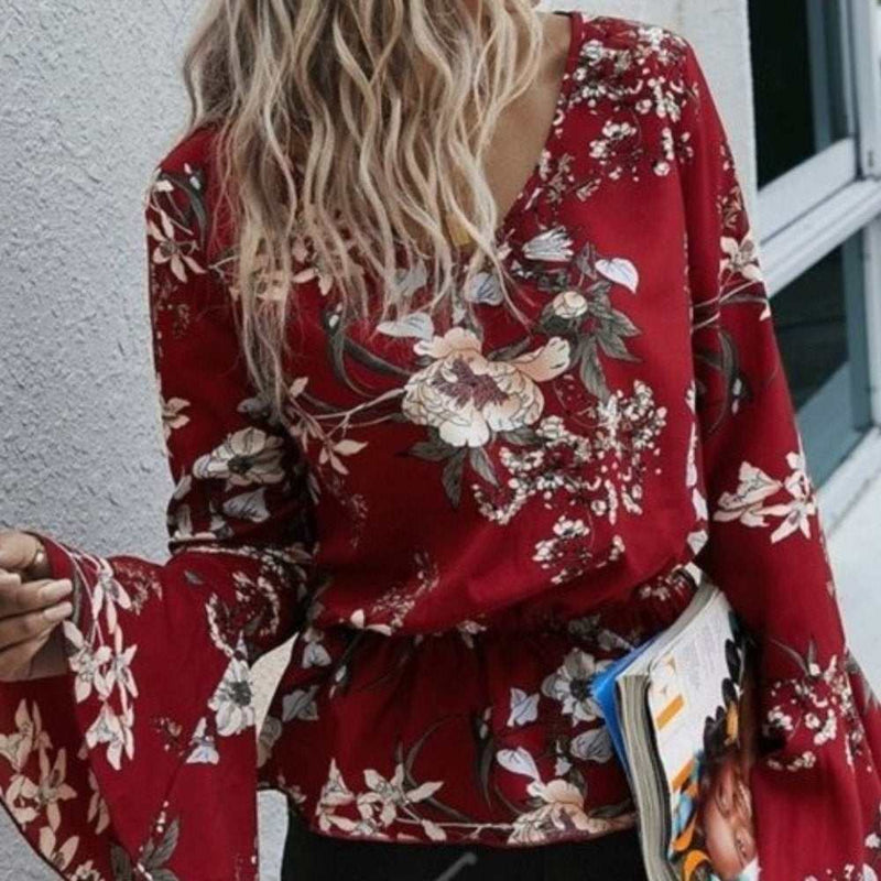 Red Floral Peplum Boho Blouse-zoom-