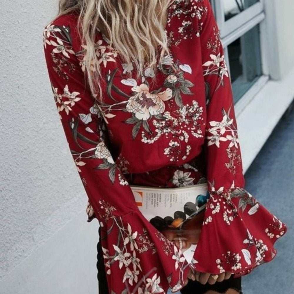 Red Floral Peplum Boho Blouse - Primrose Signature Boutique