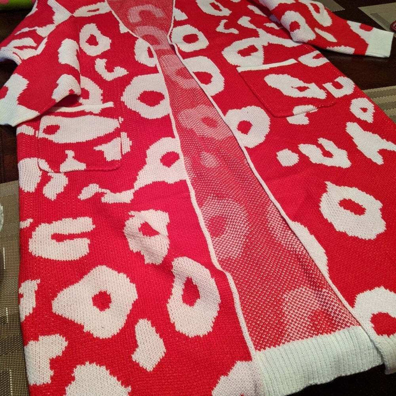 Red Open Front Leopard Print Cardigan-zoom-
