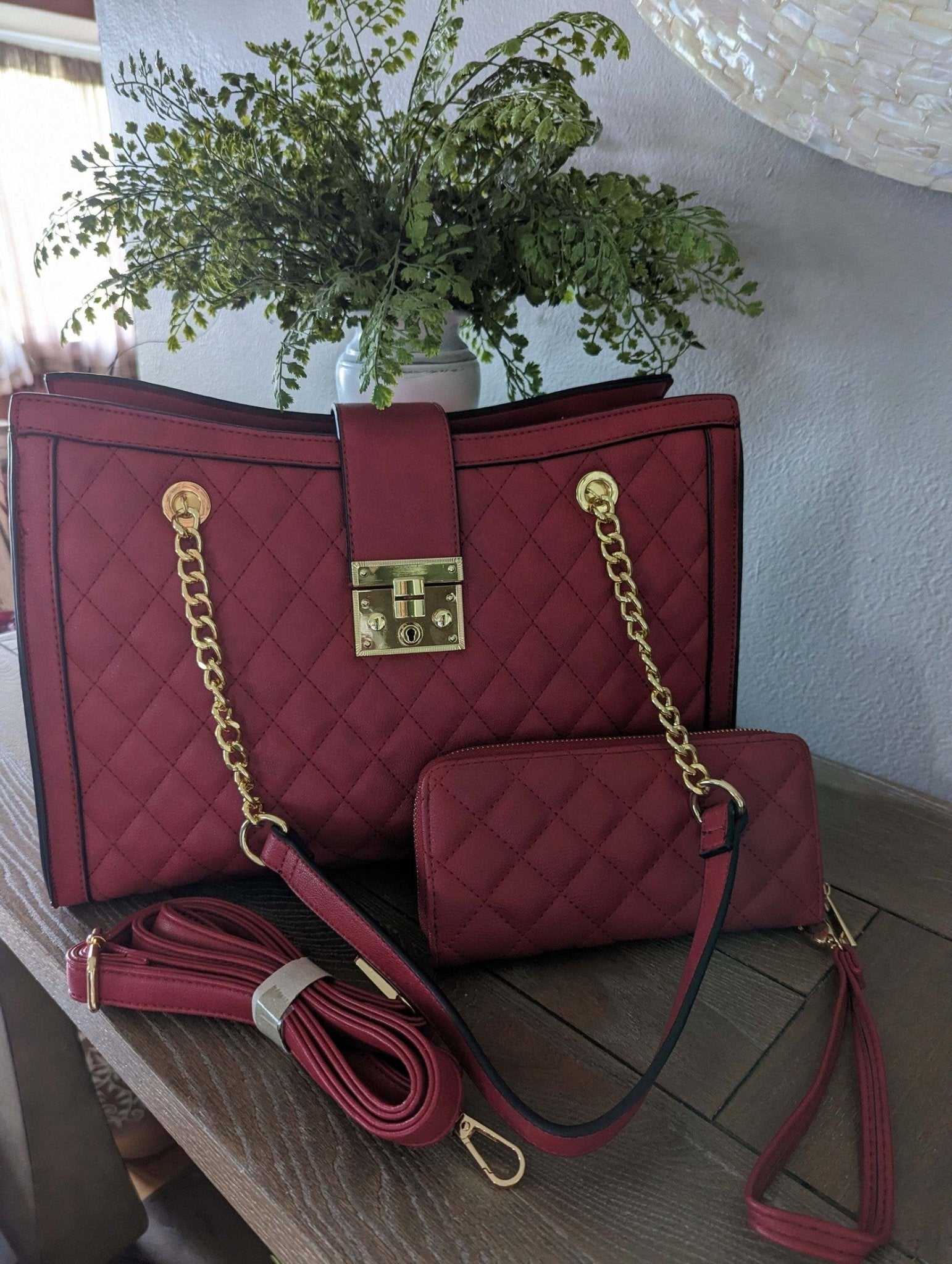 Red Quilted Double Flap Chain Tote with Wallet-zoom-1
