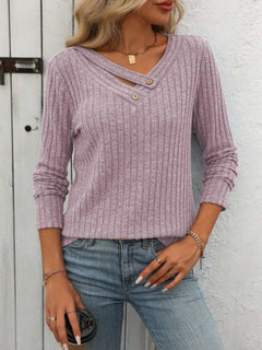 Ribbed V - Neck Long Sleeve T-Shirt - Primrose Signature Boutique