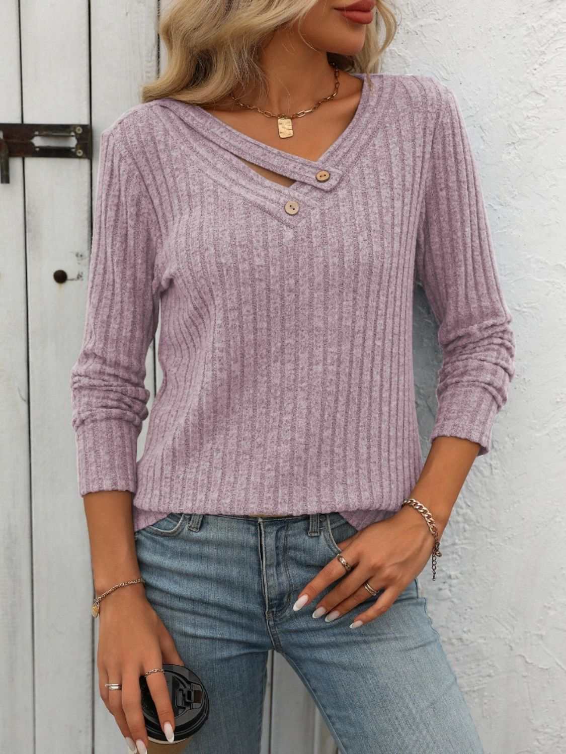 Ribbed V - Neck Long Sleeve T-Shirt - Primrose Signature Boutique