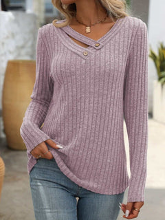 Ribbed V - Neck Long Sleeve T-Shirt - Primrose Signature Boutique