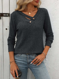 Ribbed V - Neck Long Sleeve T-Shirt - Primrose Signature Boutique