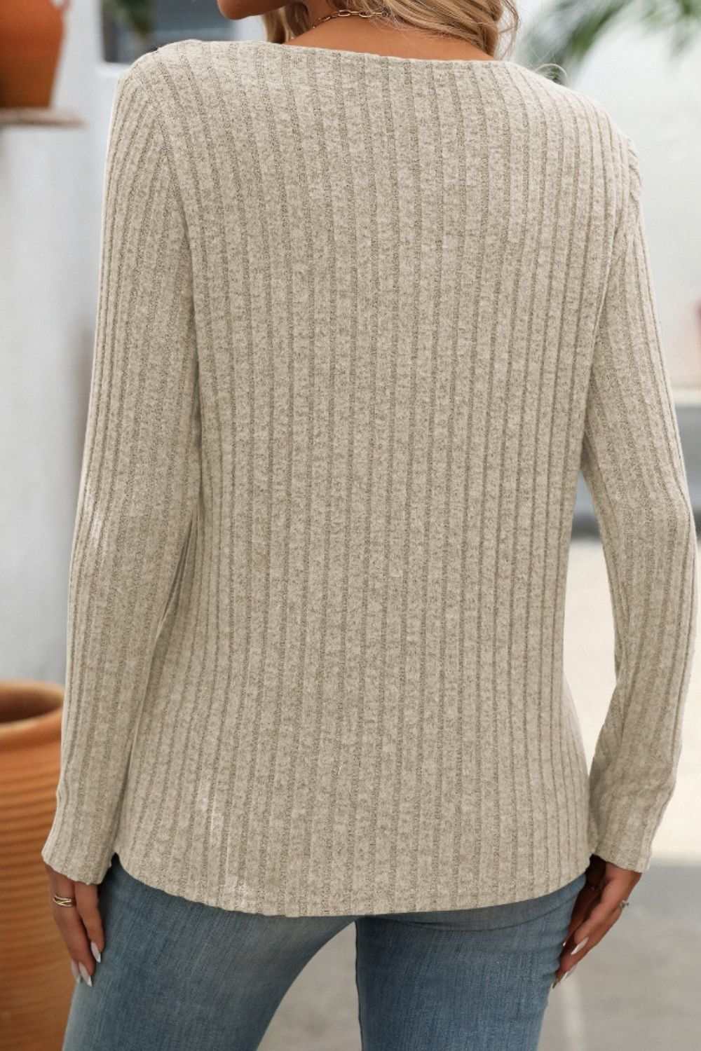 Ribbed V - Neck Long Sleeve T-Shirt - Primrose Signature Boutique