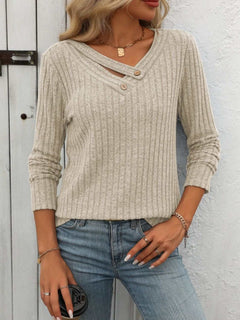 Ribbed V - Neck Long Sleeve T-Shirt - Primrose Signature Boutique