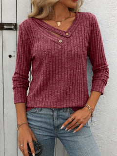 Ribbed V - Neck Long Sleeve T-Shirt - Primrose Signature Boutique