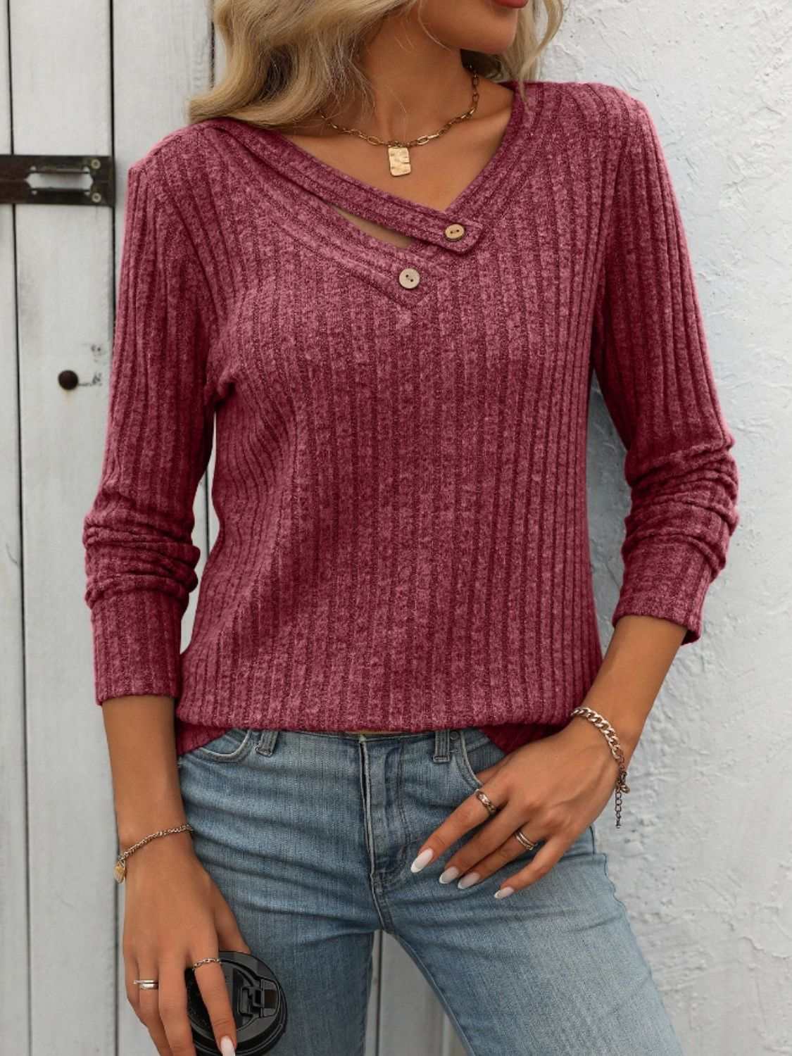Ribbed V - Neck Long Sleeve T-Shirt - Primrose Signature Boutique