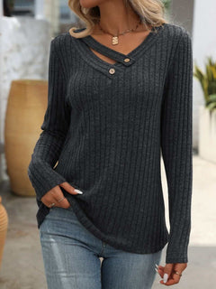 Ribbed V - Neck Long Sleeve T-Shirt - Primrose Signature Boutique