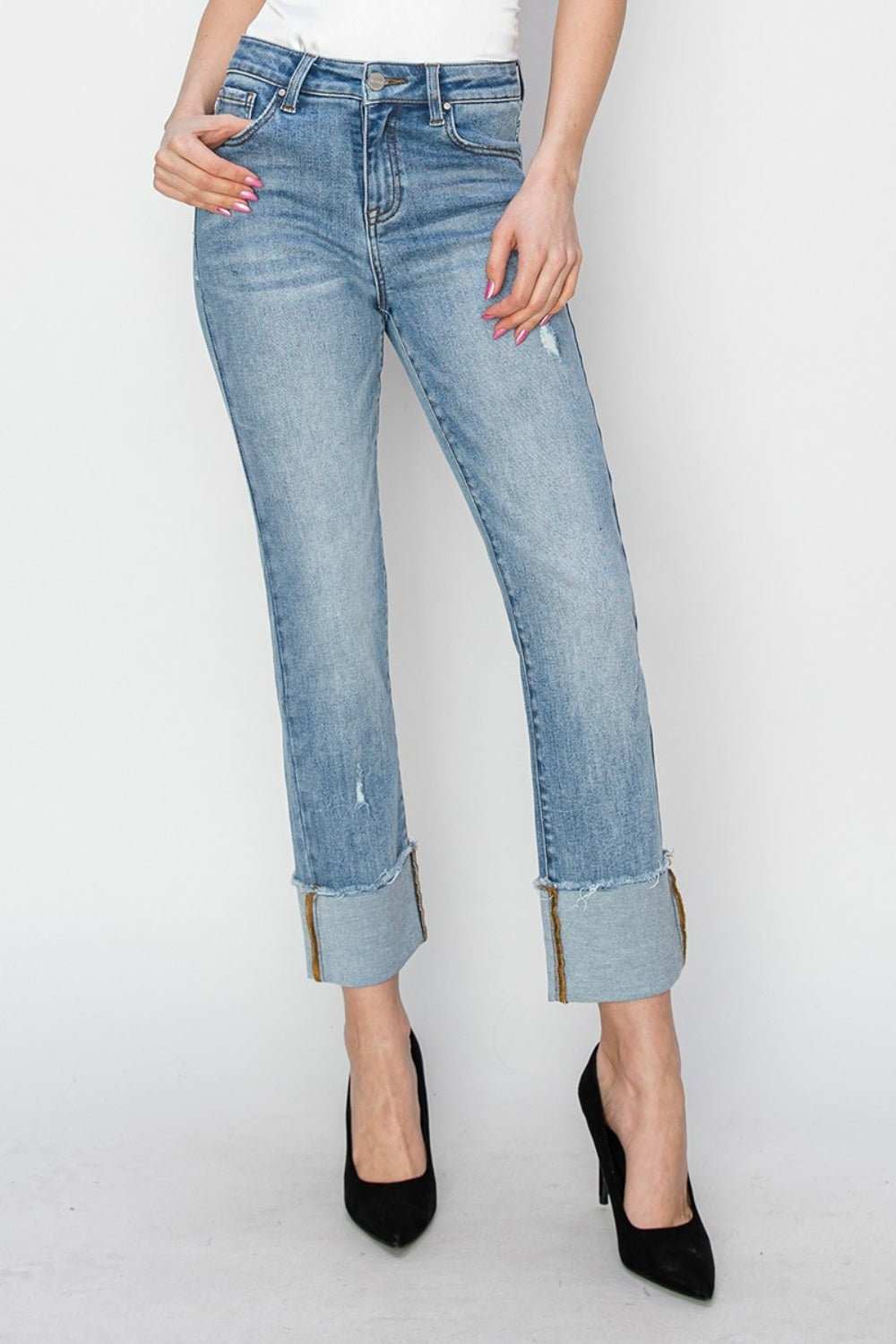 RISEN Full Size High Rise Cuffed Slim Straight Jeans - Primrose Signature Boutique