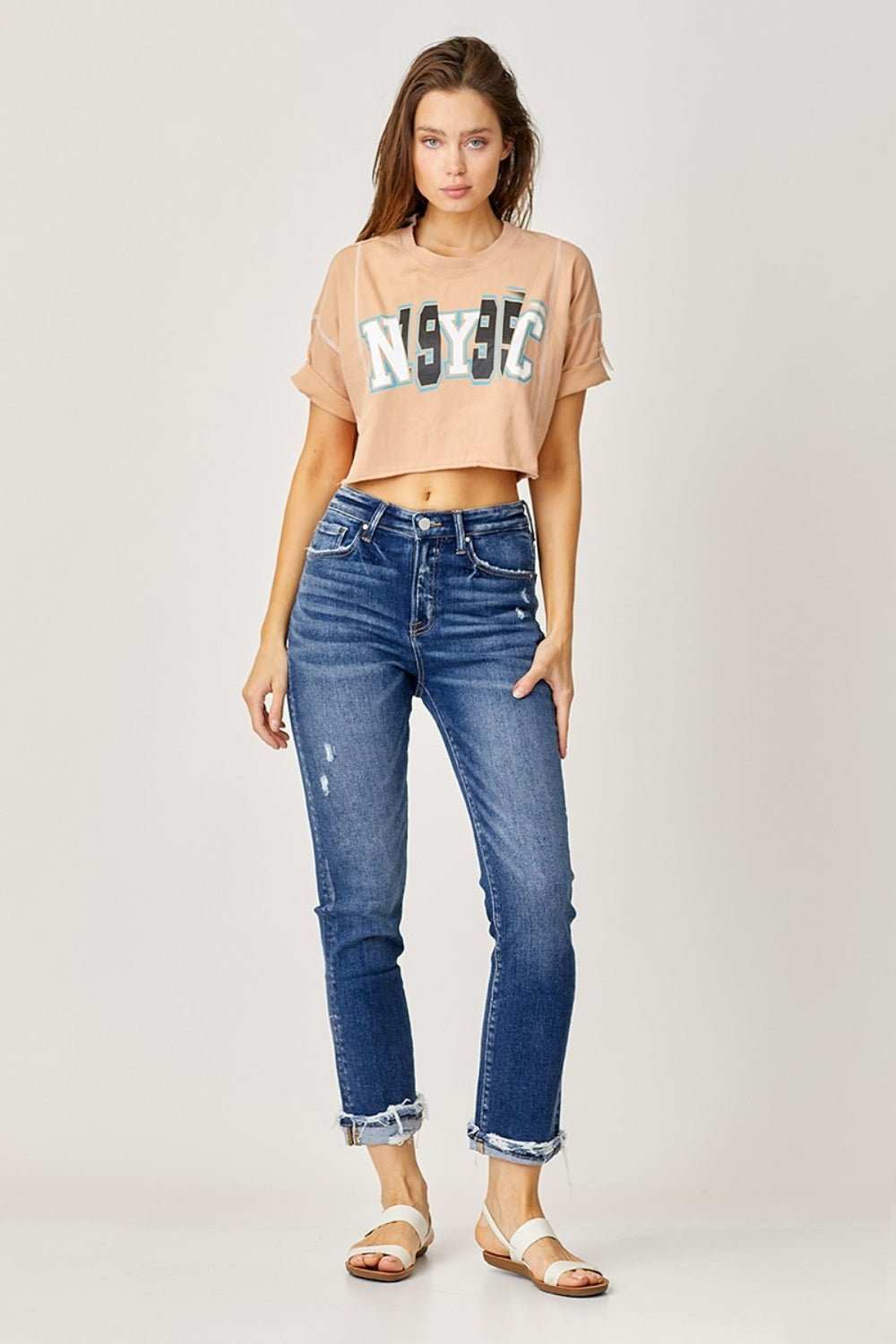 Risen Full Size High - Rise Frayed Cuffed Straight Jeans - Primrose Signature Boutique