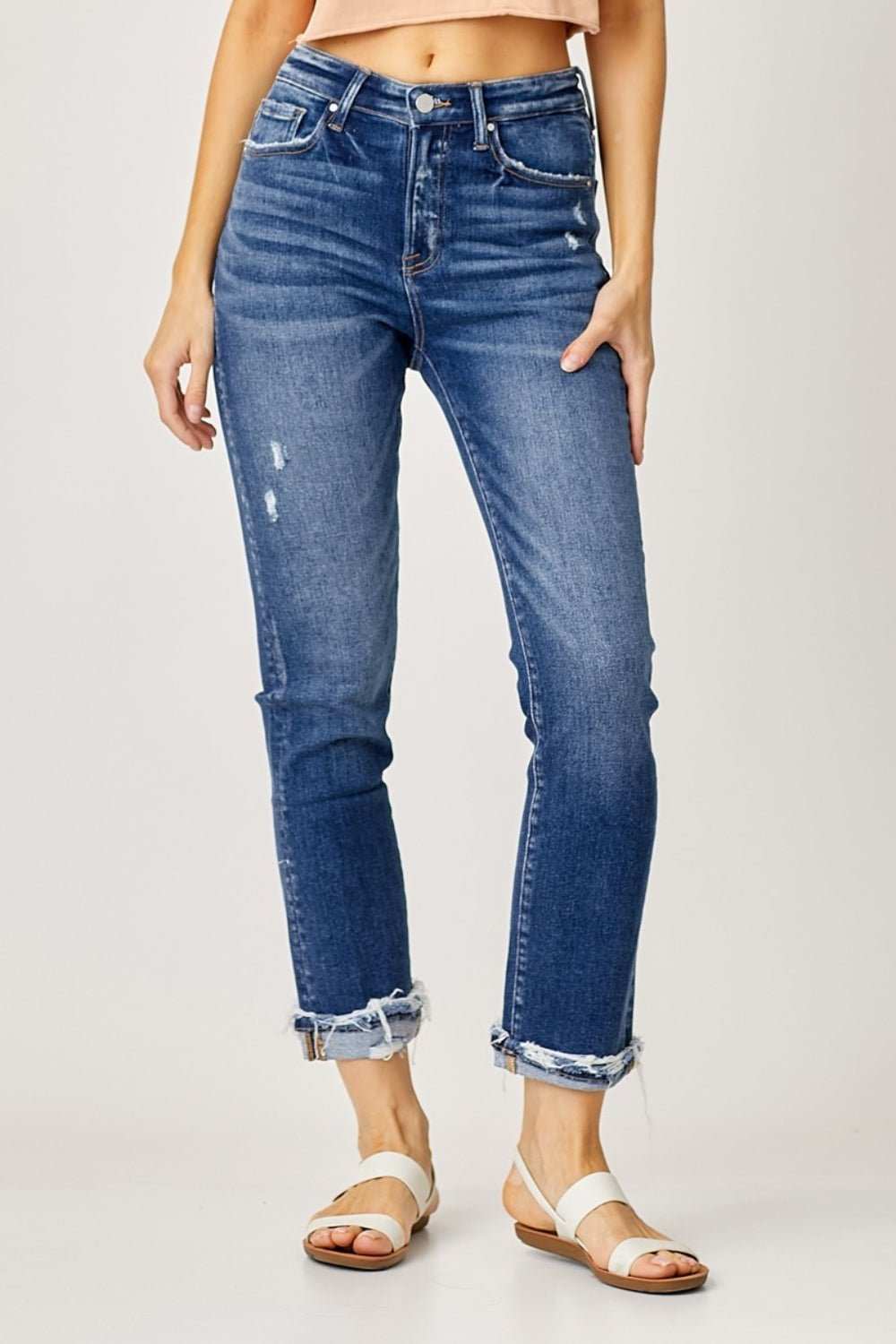 Risen Full Size High - Rise Frayed Cuffed Straight Jeans - Primrose Signature Boutique