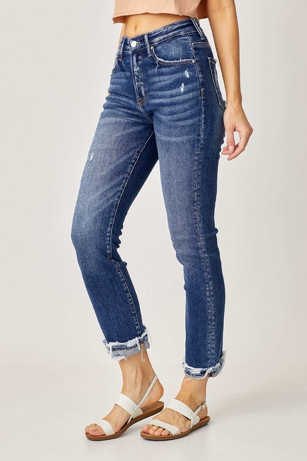 Risen Full Size High - Rise Frayed Cuffed Straight Jeans - Primrose Signature Boutique