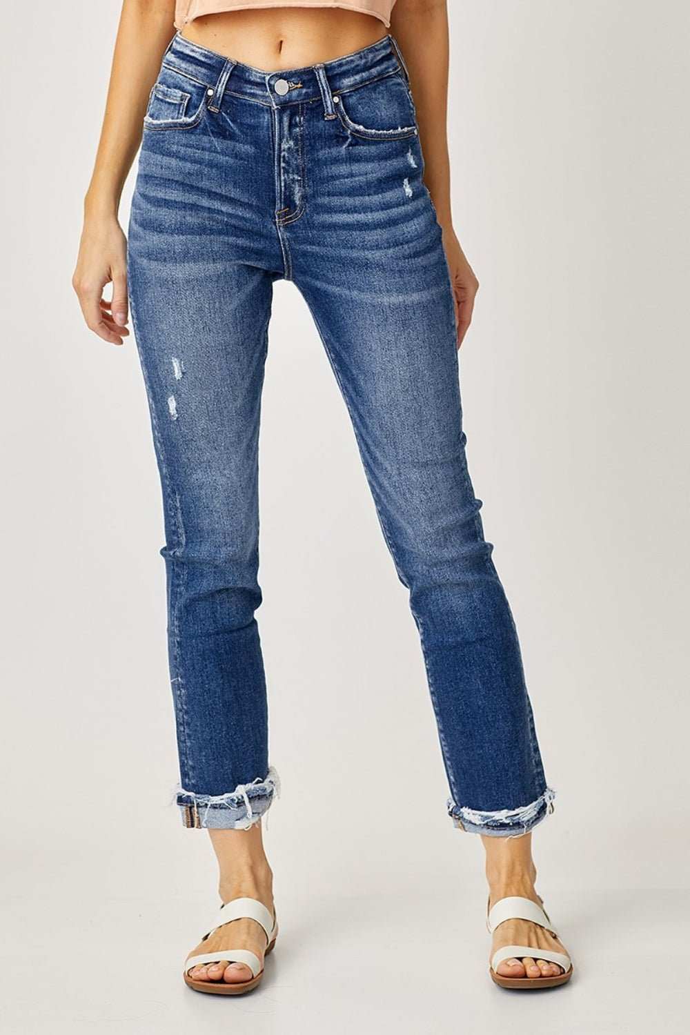 Risen Full Size High - Rise Frayed Cuffed Straight Jeans - Primrose Signature Boutique