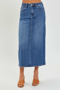 RISEN High Rise Back Slit Denim Skirt - Primrose Signature Boutique