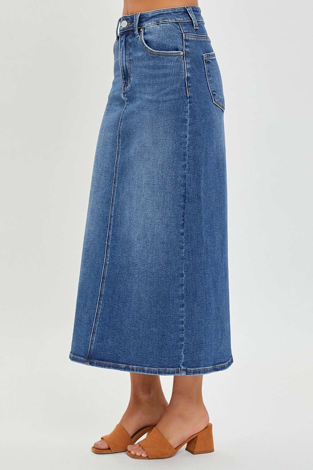 RISEN High Rise Back Slit Denim Skirt - Primrose Signature Boutique