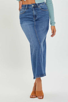 RISEN High Rise Back Slit Denim Skirt - Primrose Signature Boutique