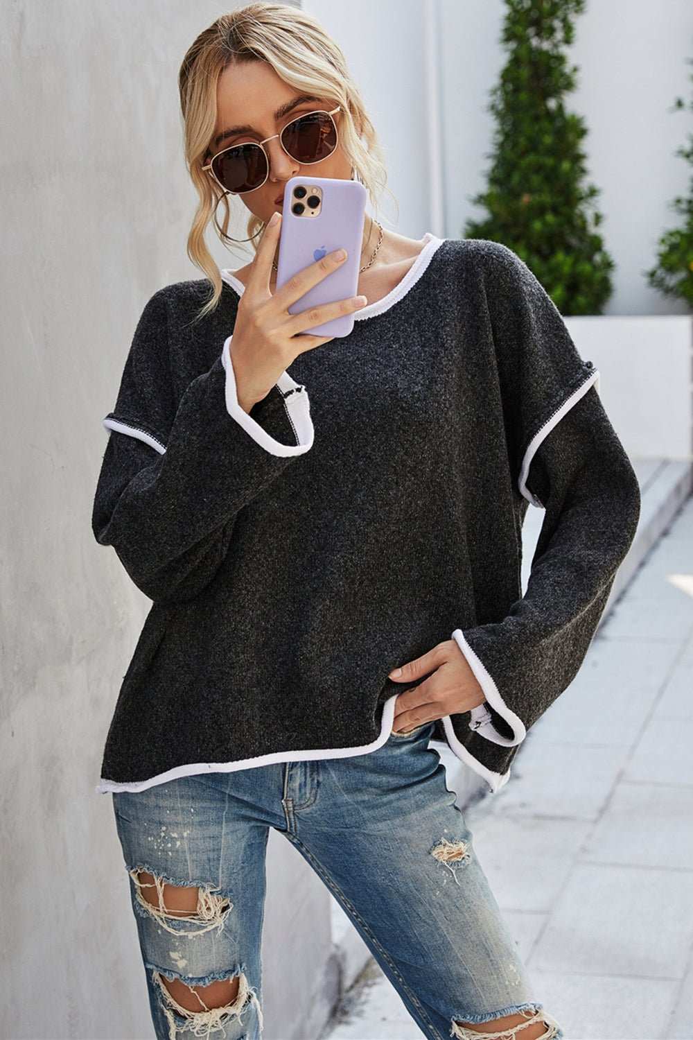 Round Neck Dropped Shoulder Sweater - Primrose Signature Boutique