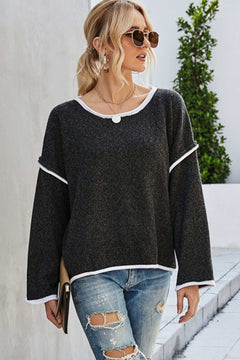 Round Neck Dropped Shoulder Sweater - Primrose Signature Boutique