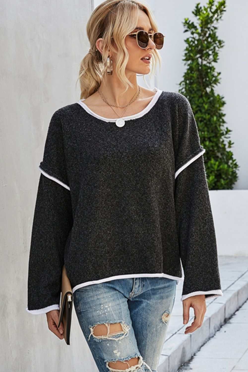 Round Neck Dropped Shoulder Sweater - Primrose Signature Boutique