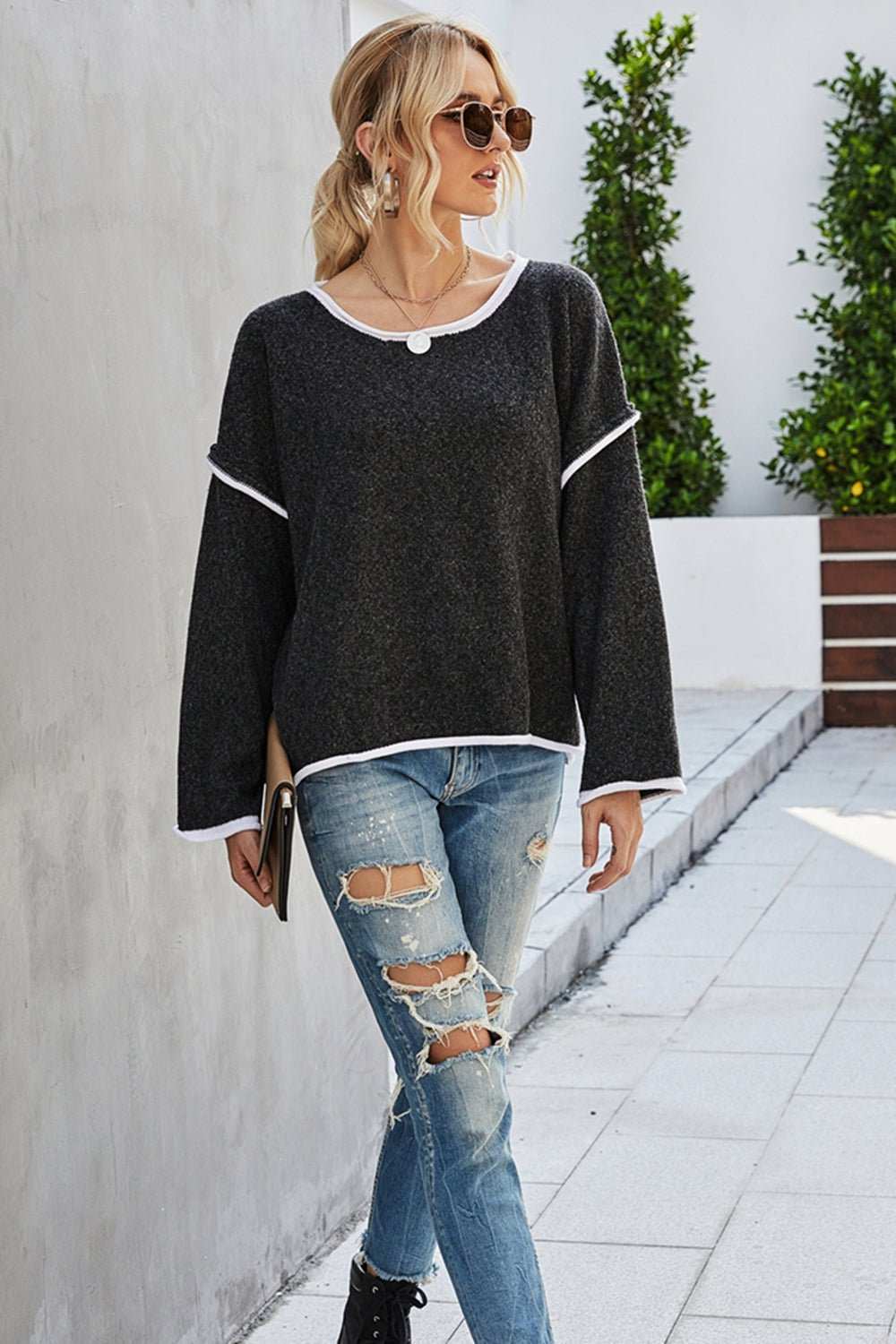 Round Neck Dropped Shoulder Sweater - Primrose Signature Boutique