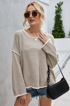 Round Neck Dropped Shoulder Sweater - Primrose Signature Boutique
