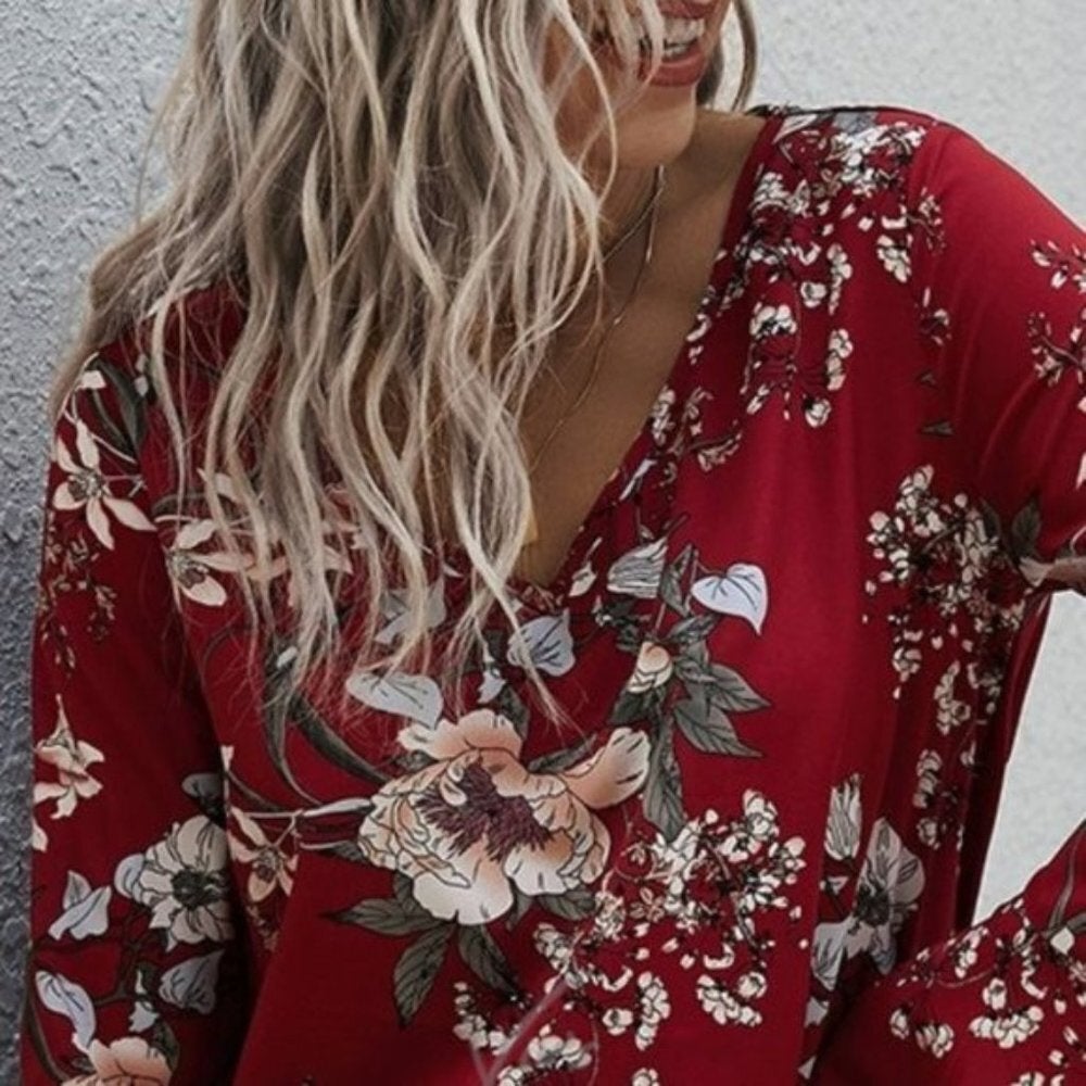 Red Floral Peplum Boho Blouse