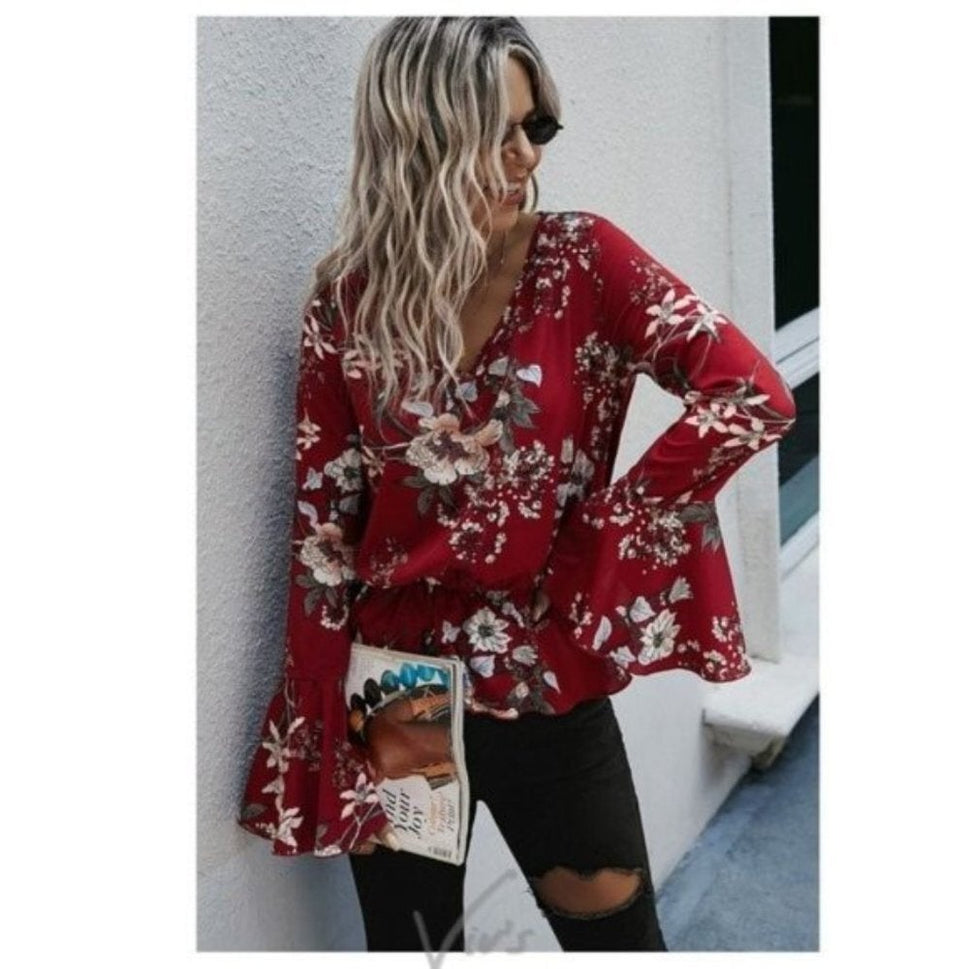 Red Floral Peplum Boho Blouse