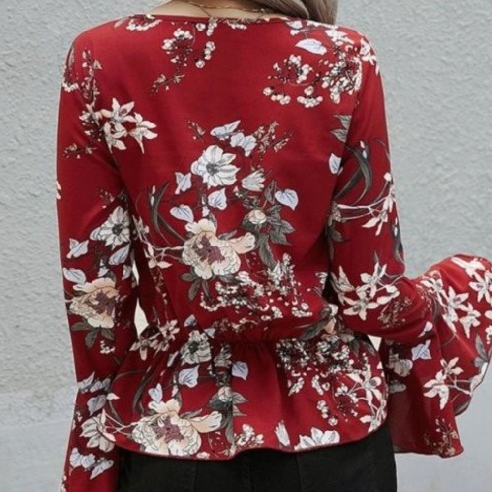 Red Floral Peplum Boho Blouse