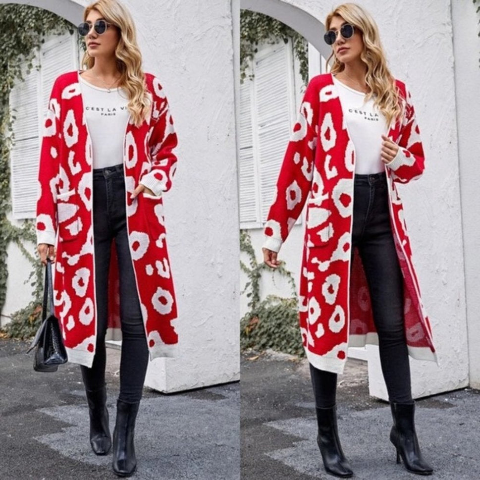 Red Open Front Leopard Print Cardigan