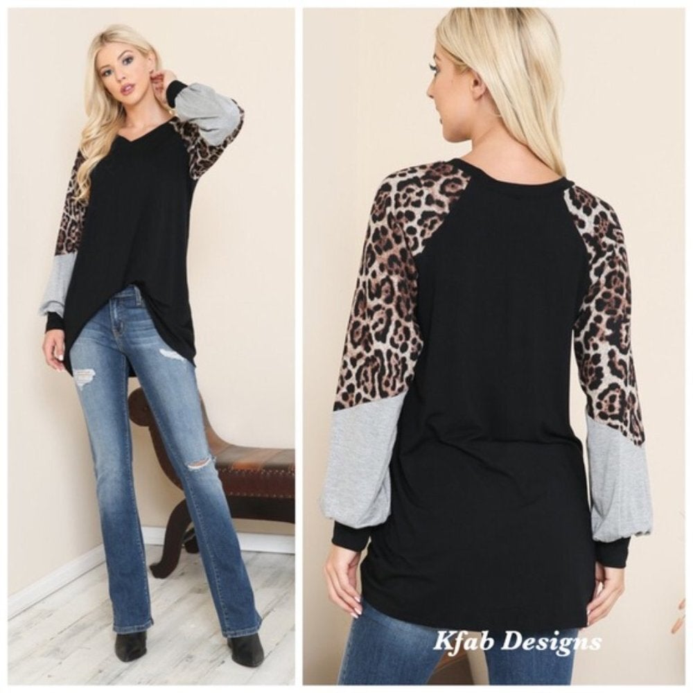 Leopard Color Block Oversized Top