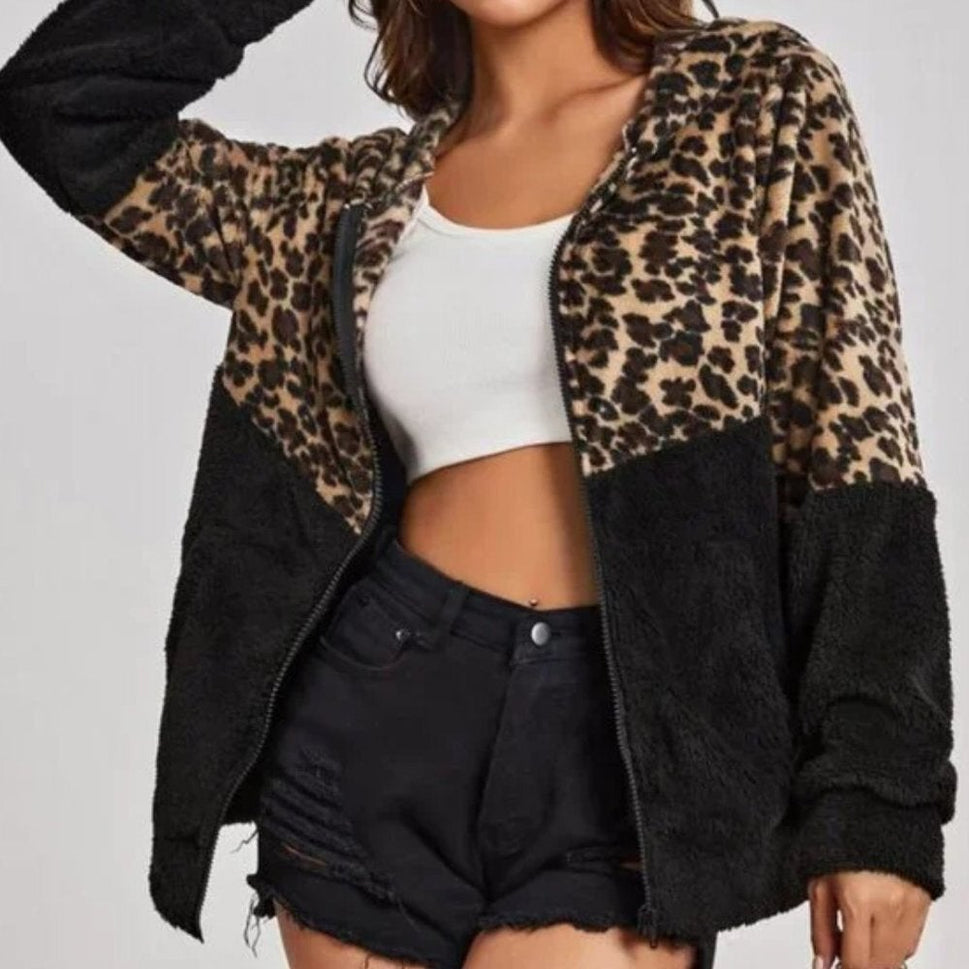 Leopard Print Teddy Hooded Cardigan